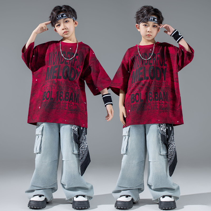 街舞儿童潮服满印大字母hiphop男童架子鼓演出服嘻哈少儿牛仔套装