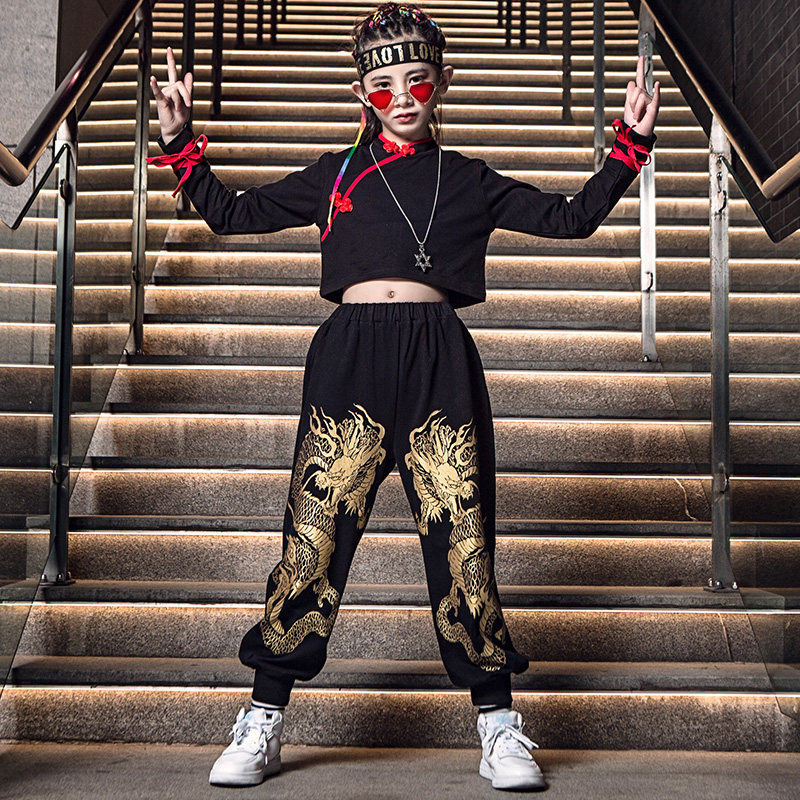 街舞国潮服套装女童时装潮牌儿童演出服中国风格汉服走秀表演服装