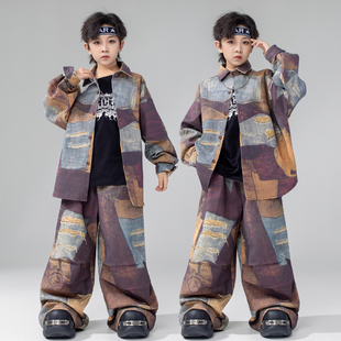 旦演出服 元 街舞儿童潮服男童嘻哈牛仔套装 hiphop男孩酷帅宽松套装
