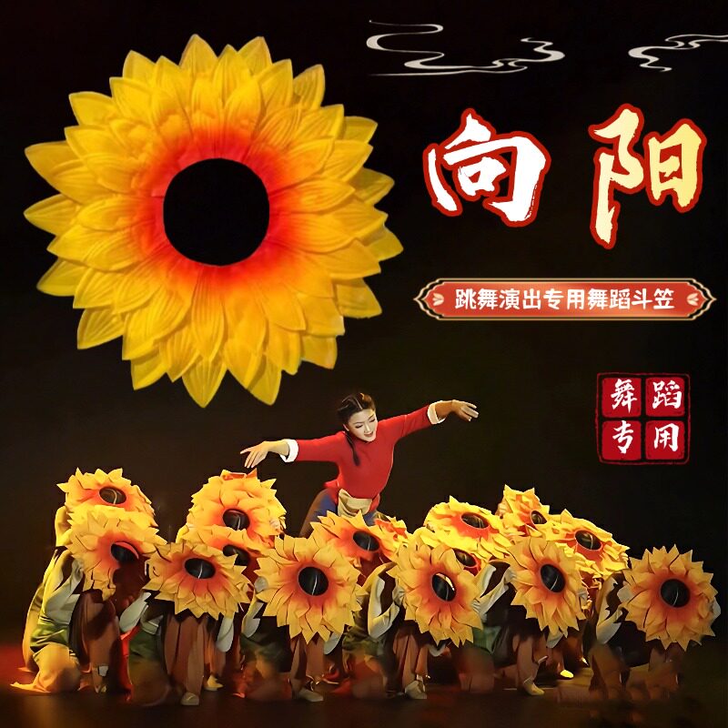 向日葵斗笠舞蹈道具向阳表演出专用竹编太阳花帽红色主题头饰头套