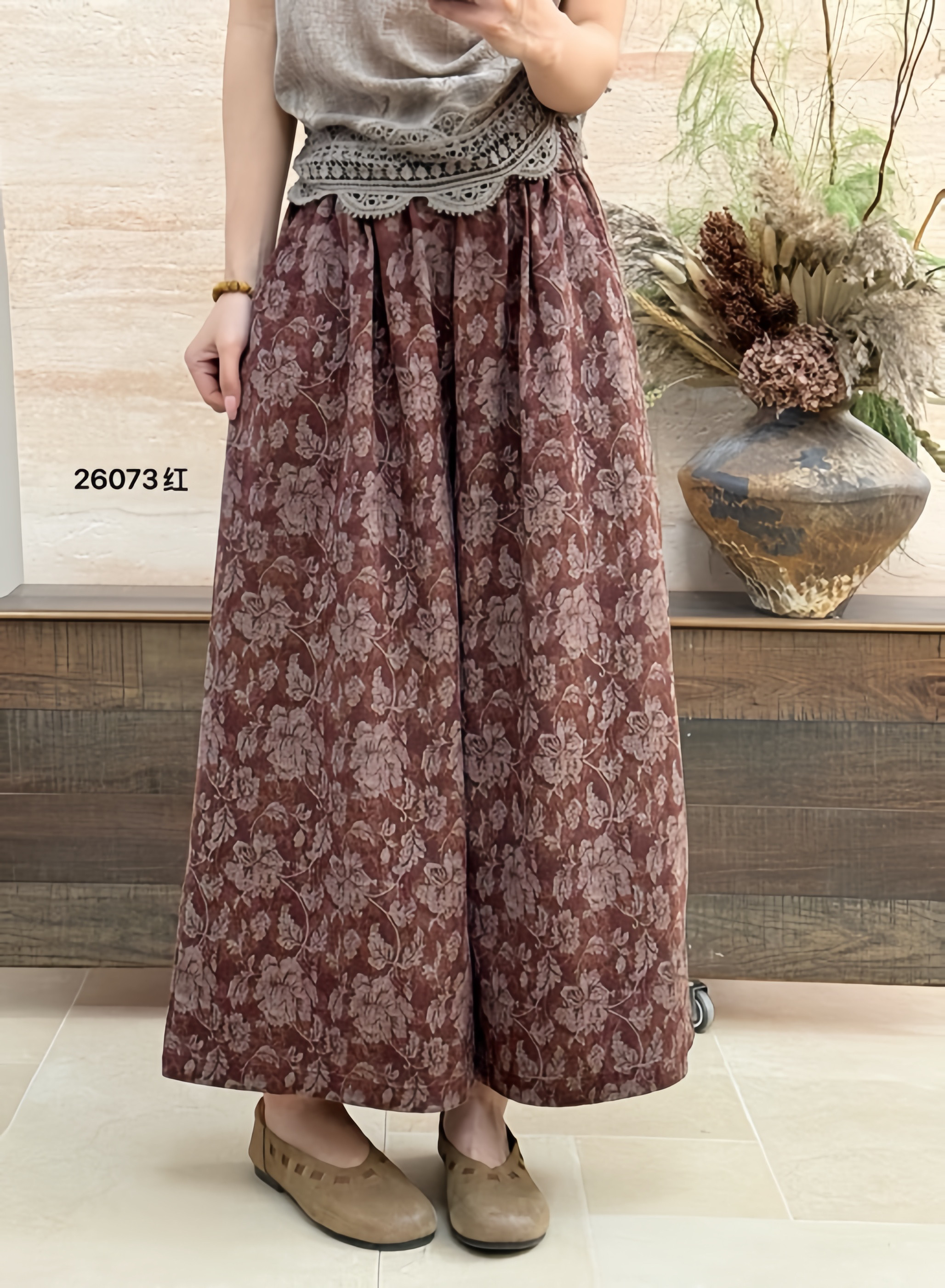 布愫&reg;2026春夏文艺民族风宽松印花裙裤棉麻裤女大版阔腿休闲裤潮