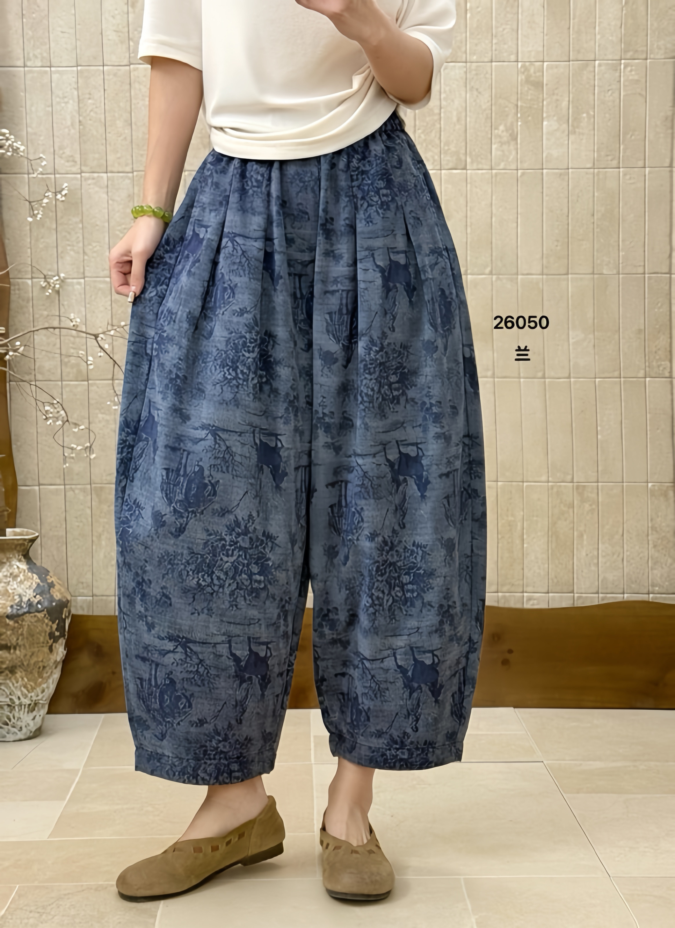 布愫&reg;夏季新款小个子民族风阔腿棉麻印花裤女九分宽松显瘦休闲裤