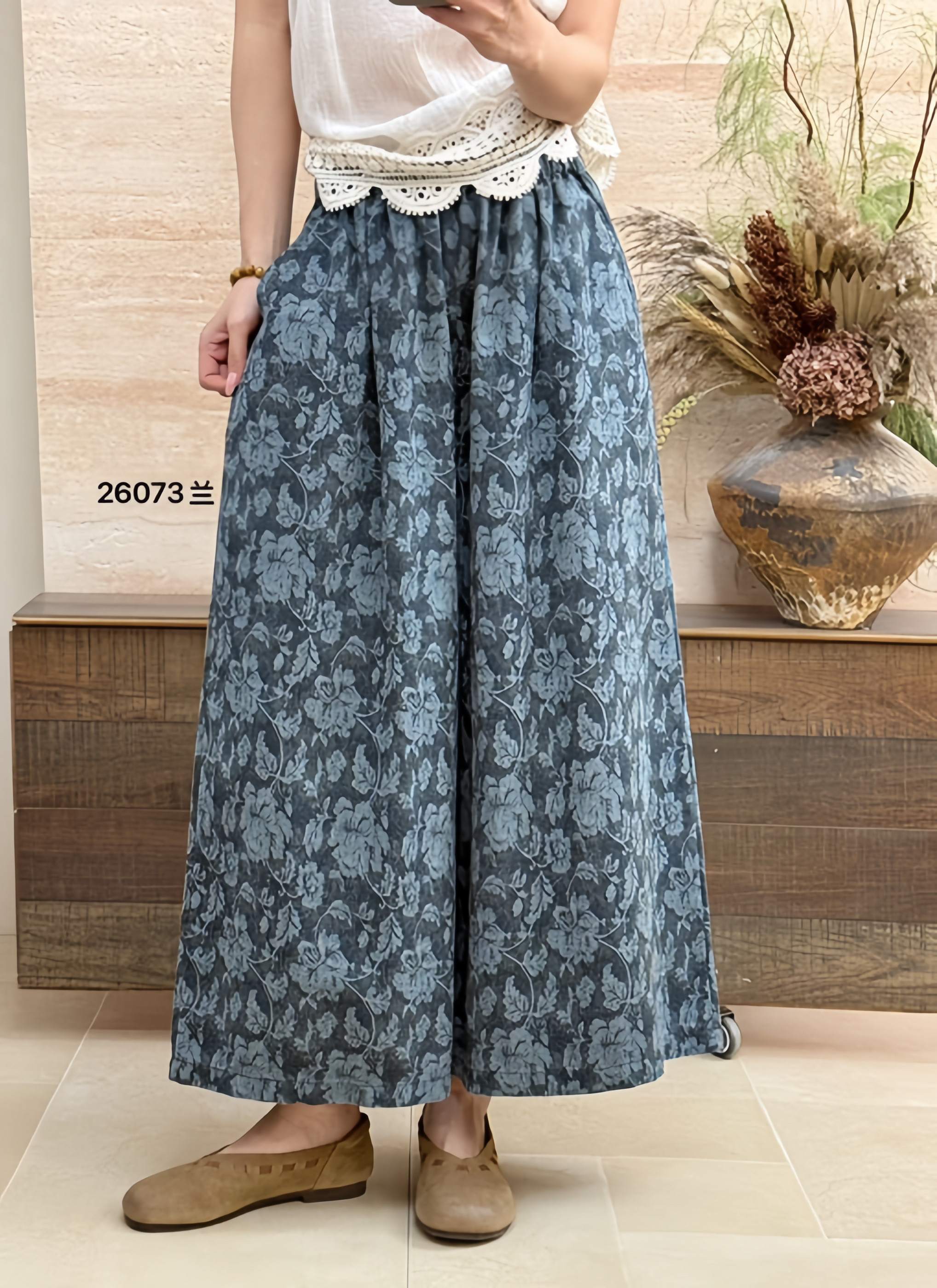 布愫&reg;春夏新款文艺印花民族风宽松棉麻裤裙裤女阔腿大版休闲裤潮