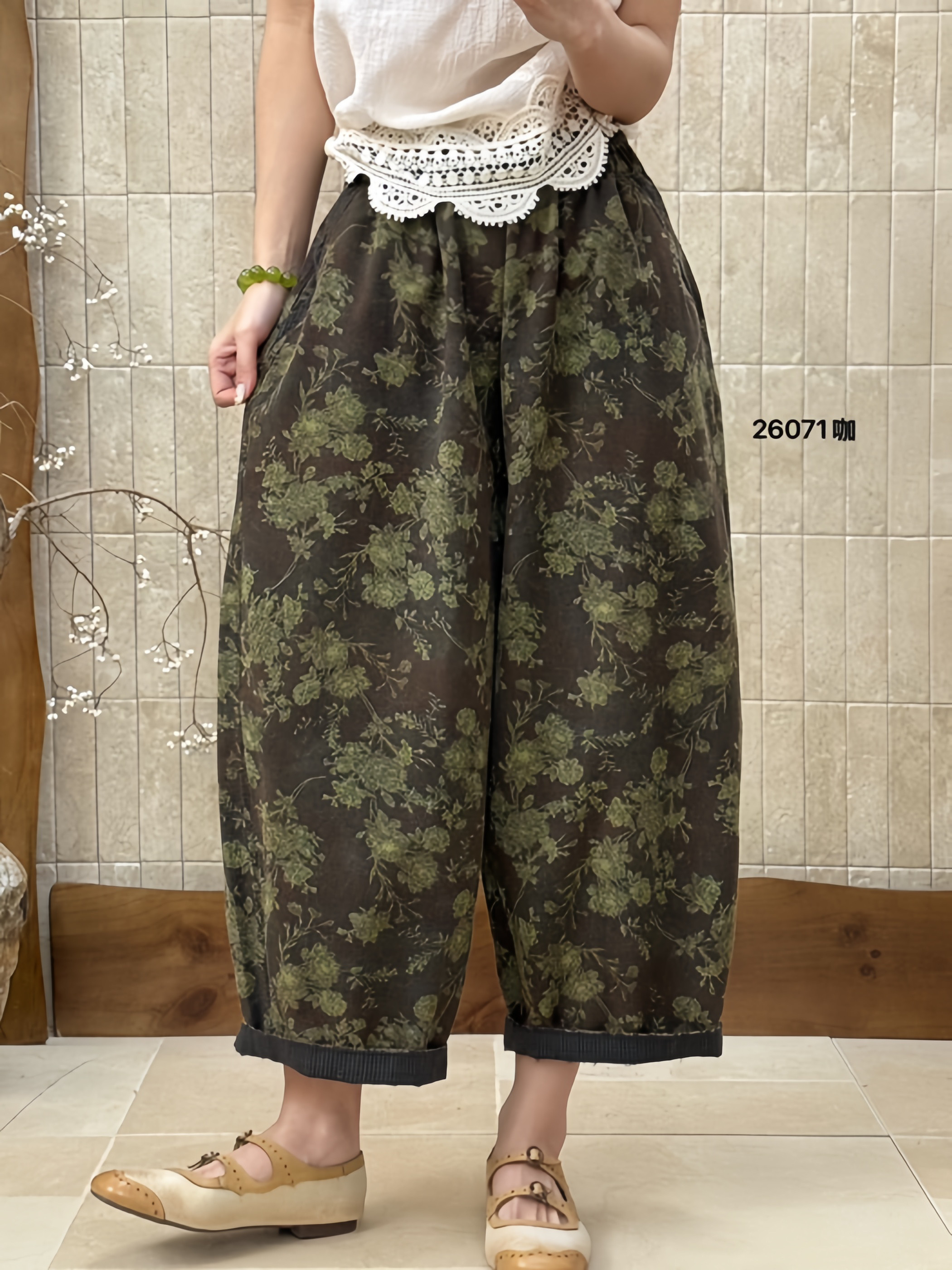 布愫&reg;2026春夏新款民族风宽松显瘦棉麻印花裤女妈妈阔腿休闲裤潮