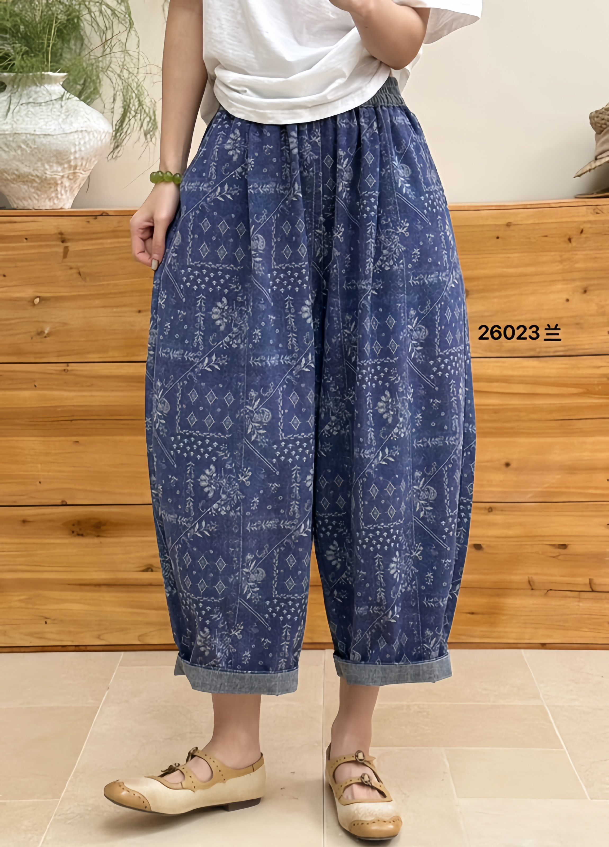 布愫&reg;2026夏季新款复古民族风宽松棉麻印花裤女九分阔腿休闲裤潮