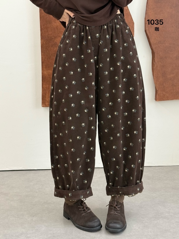 布愫®秋冬新款民族风双层加厚细条印花灯芯绒裤女宽松阔腿休闲裤