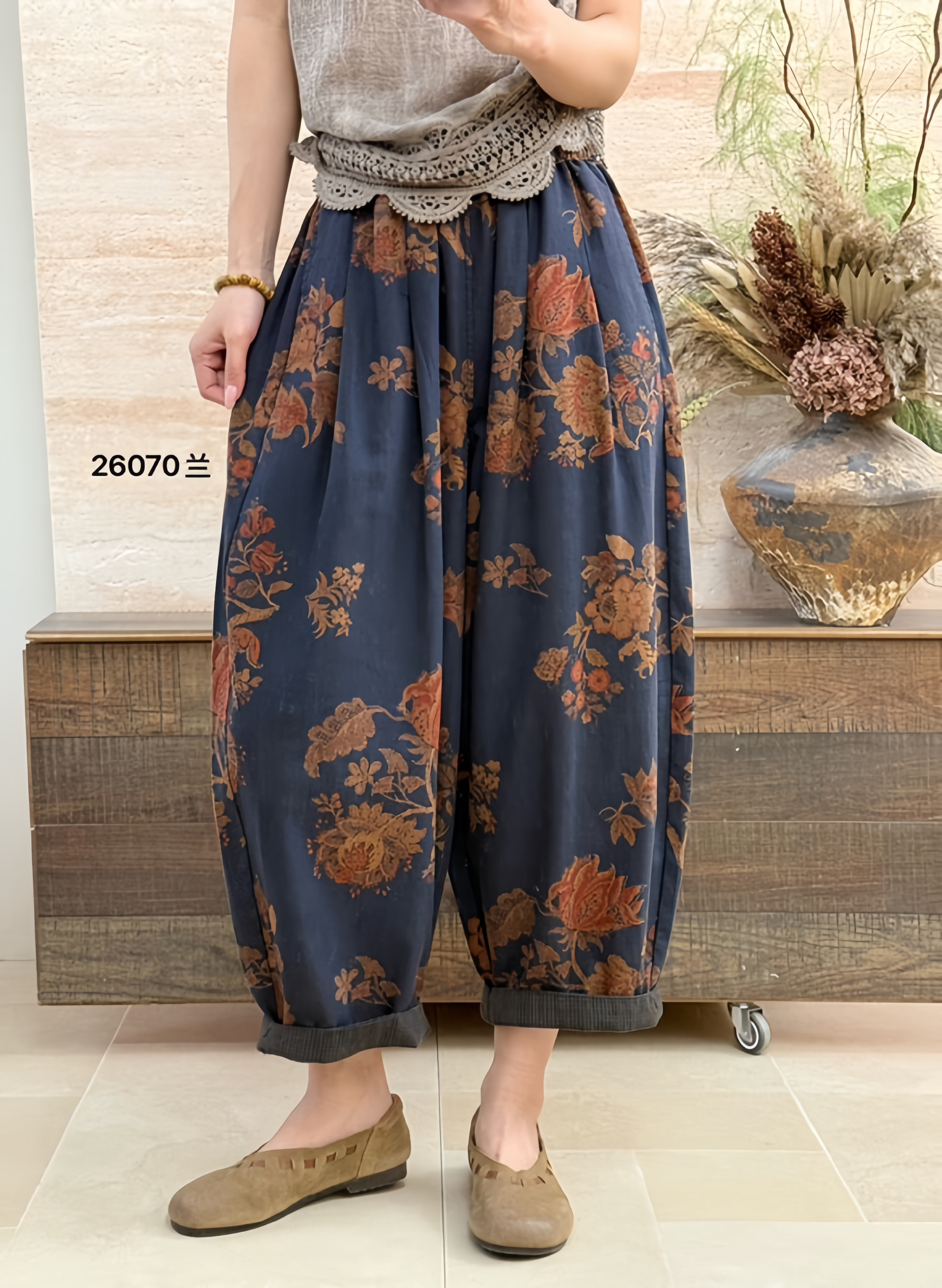 布愫&reg;2026春夏新款印花民族风中式大版棉麻裤女阔腿气球休闲裤潮