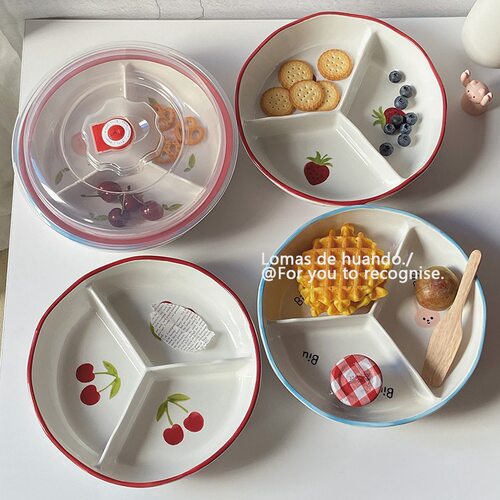 陶瓷餐盘带盖分格饭碗家用可微波炉加热适合蒸笼蒸菜产带餐选盘子