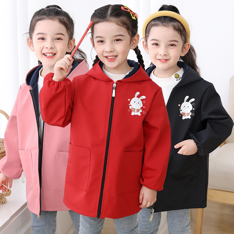 女童防水罩衣秋冬长袖幼儿园吃饭防脏绘画羽绒服宝宝加绒连帽护衣