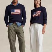 毛衣圆领星星国旗RL男女同款 上衣 老钱风套头纯棉针织衫 宽松经典 款