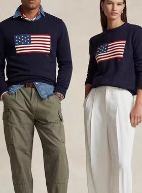 毛衣圆领星星国旗RL男女同款宽松经典款老钱风套头纯棉针织衫上衣