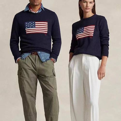 毛衣圆领星星国旗RL男女同款宽松经典款老钱风套头纯棉针织衫上衣