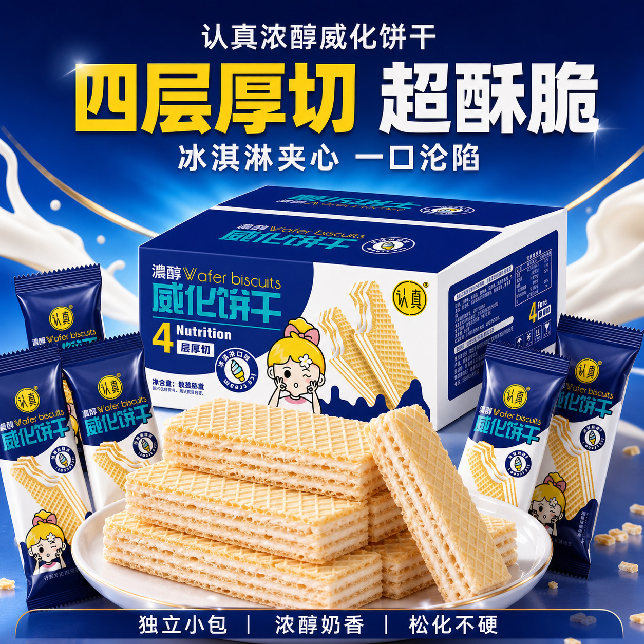 认真冰淇淋味威化饼干四层夹心饼干威化饼干休闲零食【250克*箱】