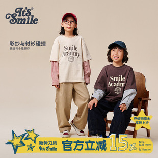 smile童装 男女童假两件纯棉春装 儿童长袖 新款 上衣 T恤2026春季 Its
