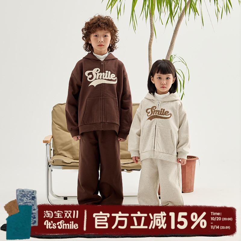 Itssmile刺绣开衫连帽卫衣套装