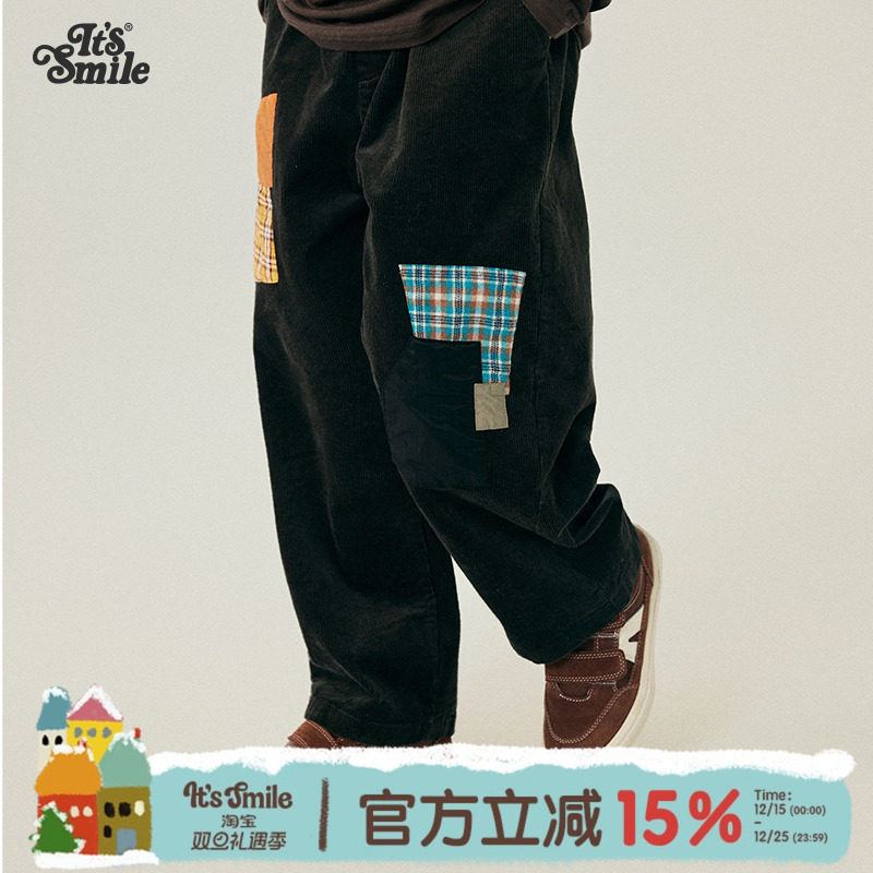 Its smile 儿童冬季保暖撞色拼布柔软水洗男童女童灯芯绒锥形裤