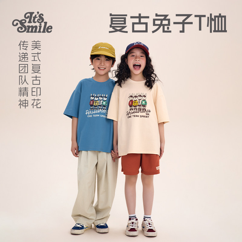 Its smile 日系儿童复古兔子印花T恤男童女童宽松圆领短袖上衣