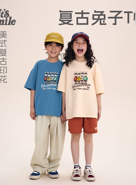 Its smile 日系儿童复古兔子印花T恤男童女童宽松圆领短袖上衣