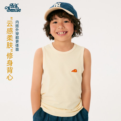 Its smile童装男童背心夏装麻感小男孩无袖t恤刺绣洋气坎肩上衣潮