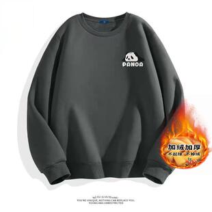 加绒卫衣男士秋季情侣圆领套头衫黑色宽松长袖针织上衣运动服女款