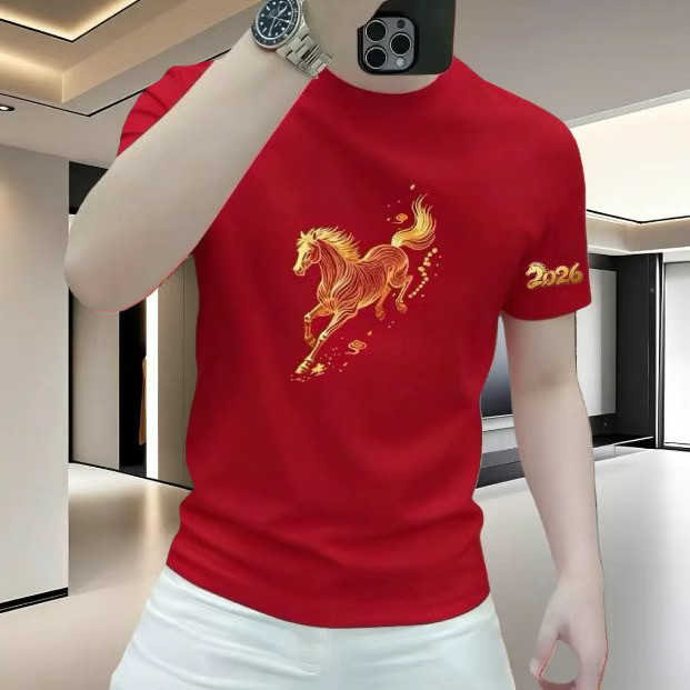 100%纯棉红色男马年喜庆印花T恤本命年时尚新款上衣圆领休闲短袖