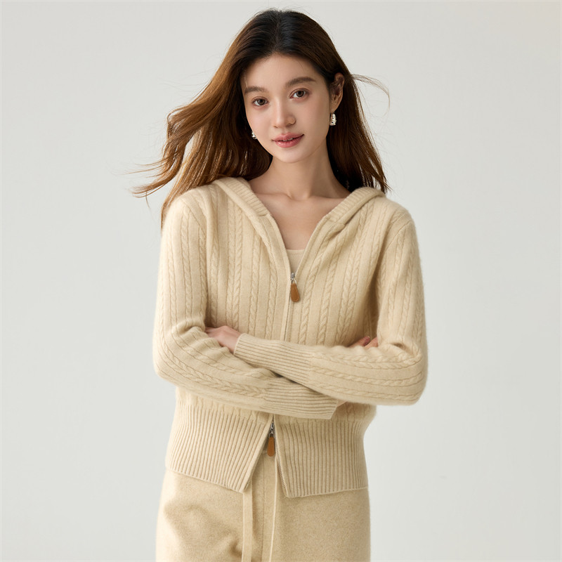 山羊绒女连帽拉链保暖针织开衫