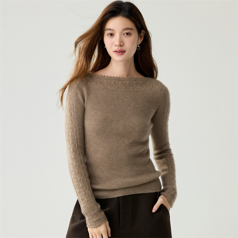 简约一字领镂空山羊绒女针织衫