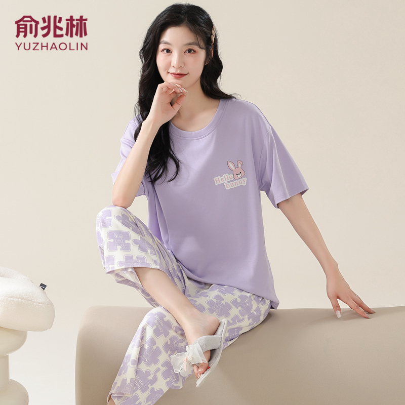 俞兆林睡衣女夏季纯棉薄款短袖七分裤可外穿过膝家居服套装