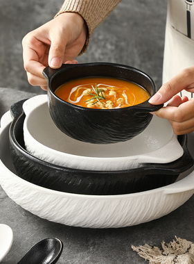 日式家用双耳汤碗防烫白色简约大碗创意陶瓷大容量烤碗汤盆泡面碗