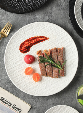 岩石纹陶瓷盘子高级感圆盘浅盘大号白色西餐盘牛排盘平盘2025新款