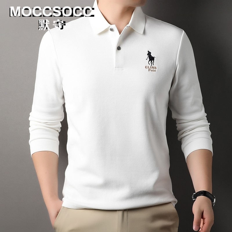 默守长袖polo衫男春秋季翻领刺绣休闲丝光棉薄款中年t恤男士上衣