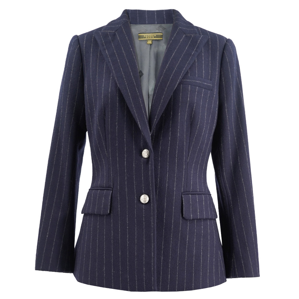 铠琪西装21秋冬新款经典条纹羊毛呢黑夜蓝两粒扣套装精致女士外套