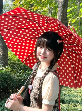 红色波点伞高颜值自动雨伞复古小众长柄伞12骨直杆伞实木弯柄女生