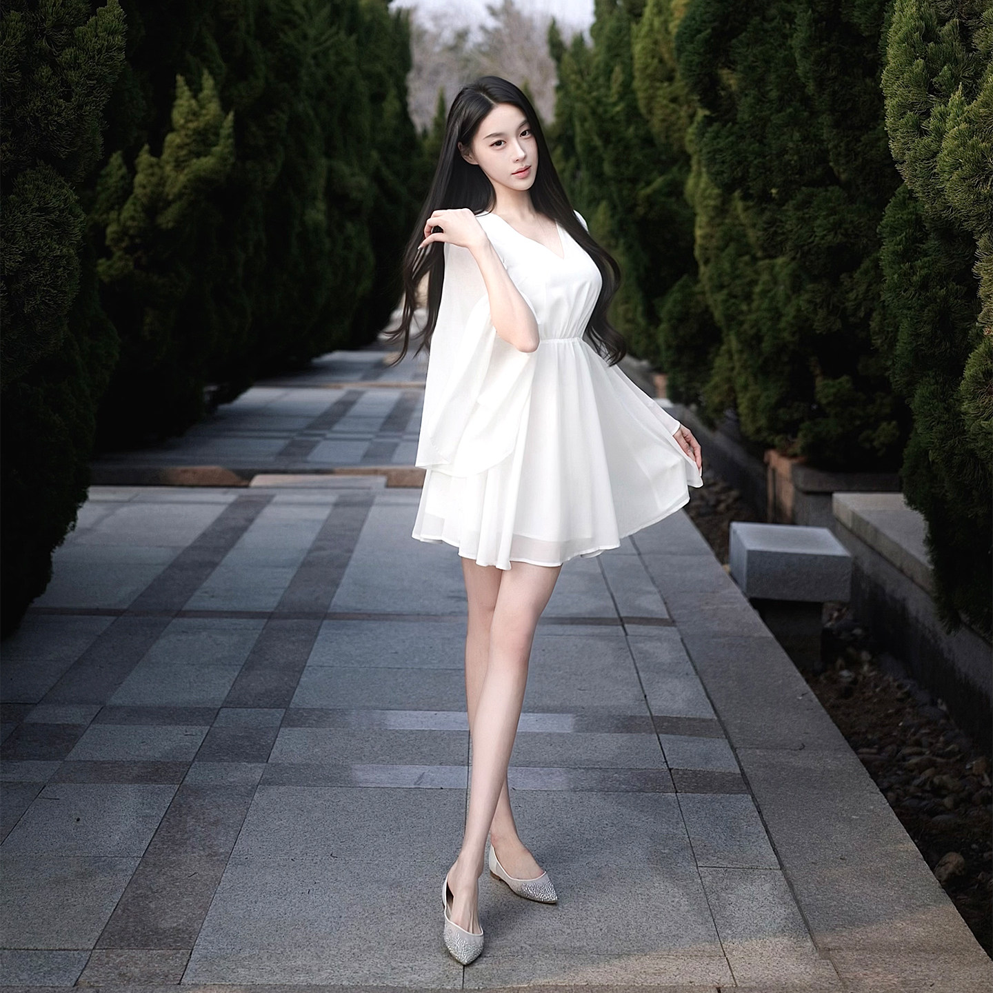 YUANZI元子【月光佳人】白纱双层V领收腰垂感飘逸短款A字连衣裙 - 实物图