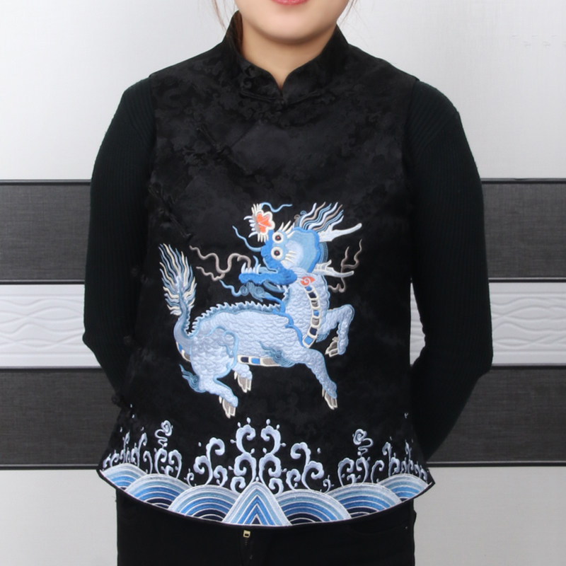 缄倩偏襟中国风短款立领刺绣马甲