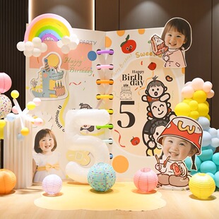 女孩生日场景布置装饰派对背景墙儿童气球5岁1岁宝宝相册书本kt板