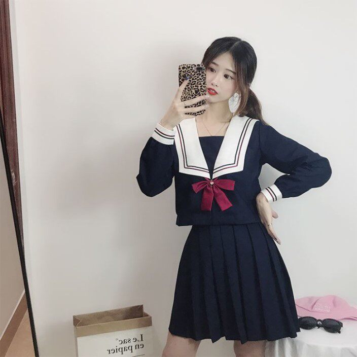 RED AND BLUE LAPEL SAILOR UNIFORM ORTHODOX SUIT FEMALE COLLEGE STYLE SHORT-SLEEVED JAPANESE CUTE JK UNIFORM STUDENT SCHOOL UNIFORM CLASS UNIFORM