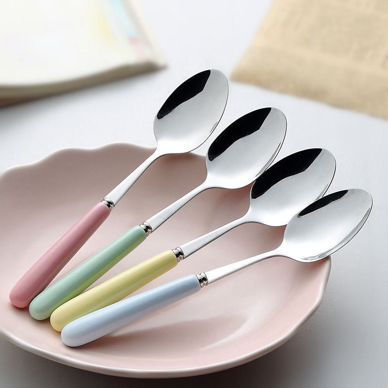 2026陶瓷柄加厚不锈钢勺子家用韩式糖果色一家四口学生可爱餐具1-