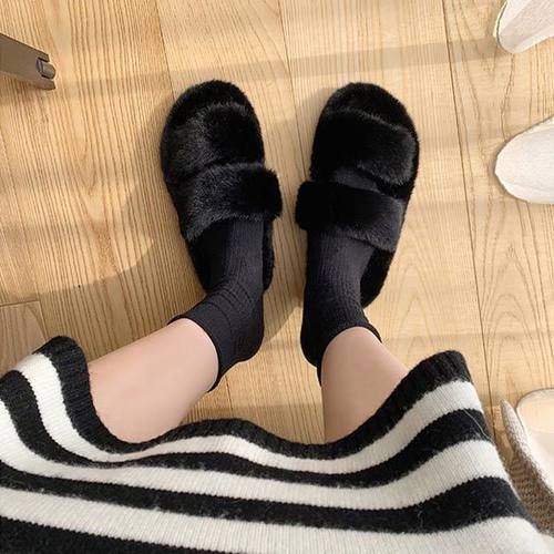 20262024秋冬一字带加绒保暖平底毛毛拖鞋女夏外穿防滑居家棉拖鞋