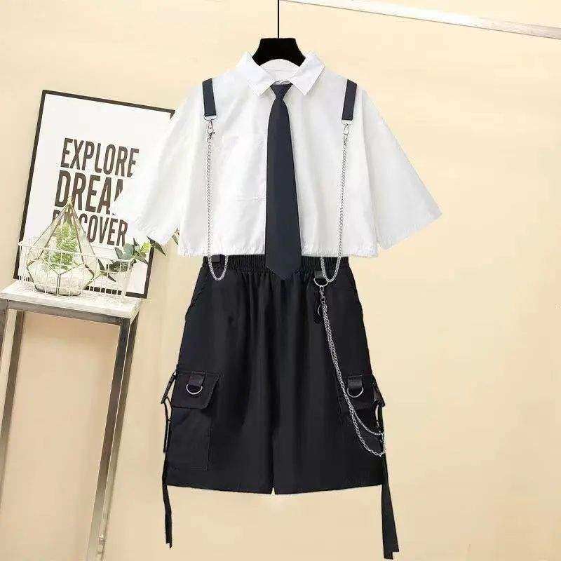 新品新款 工装套装女学生夏季韩版宽松短袖衬衫+高腰五分短裤两件