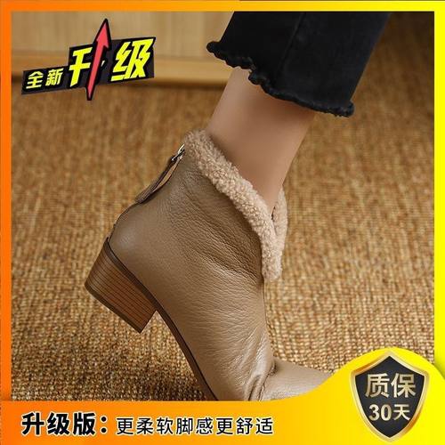 20262024尖头新款马丁靴女真皮时尚加绒百搭气质保暖短靴棉靴雪地