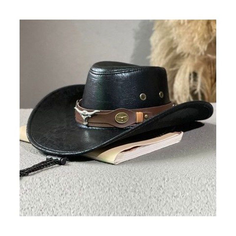 牛头皮带铆钉爵士帽男女春夏秋户外出游遮阳帽大沿藏族西部牛仔帽