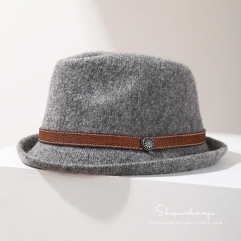 春秋羊毛礼帽出游女爵士帽英伦复古皮带扣羊绒针织卷边盆帽毛呢帽
