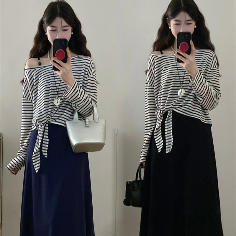 实拍薄款条纹冰丝感套头不规则防晒罩衫+吊带过膝长裙时尚两件套