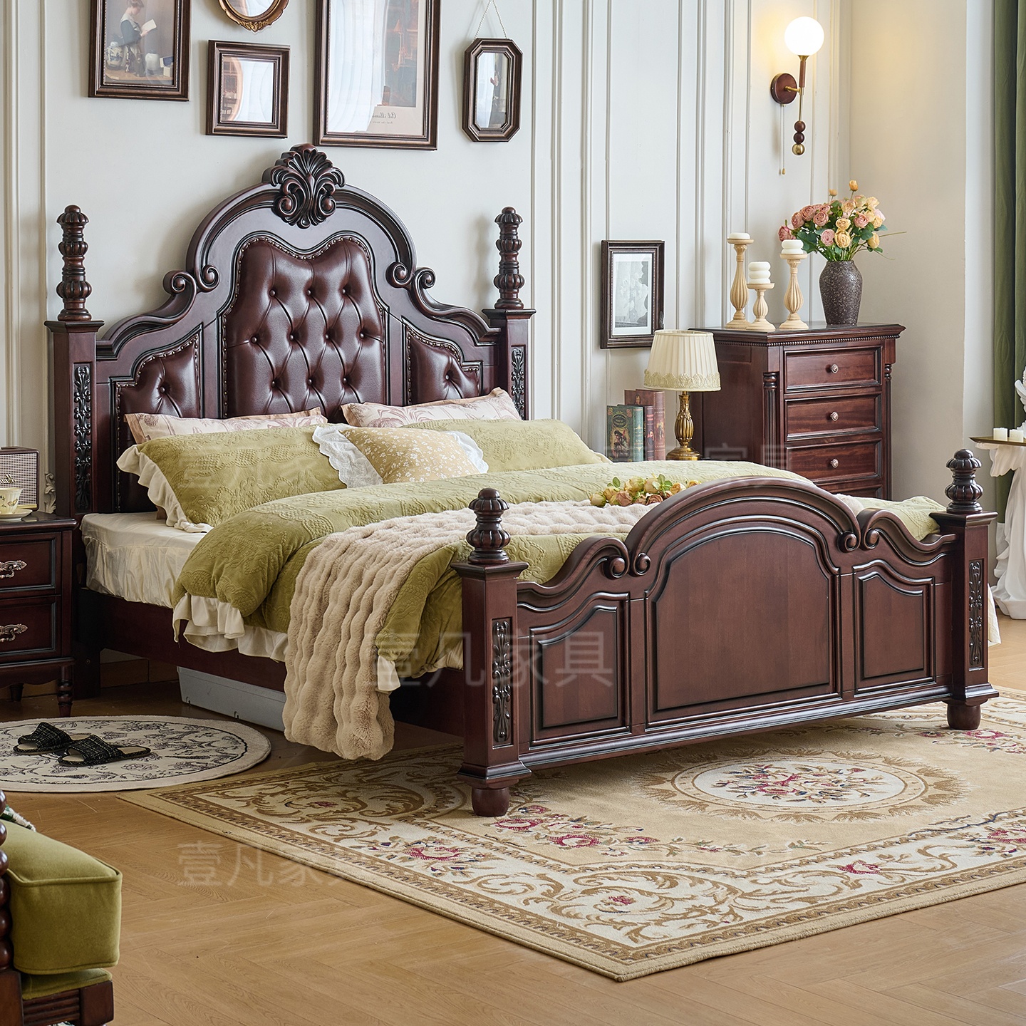 美式乡村复古胡桃木实木床1米8主卧大床高端别墅双人头层牛皮床