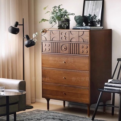 法式复古全实木斗柜卧室客厅收纳储物柜美式中古风雕花五斗柜边柜