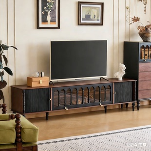 法式 复古实木电视柜小户型客厅收纳储物柜一体白蜡木中古风家具