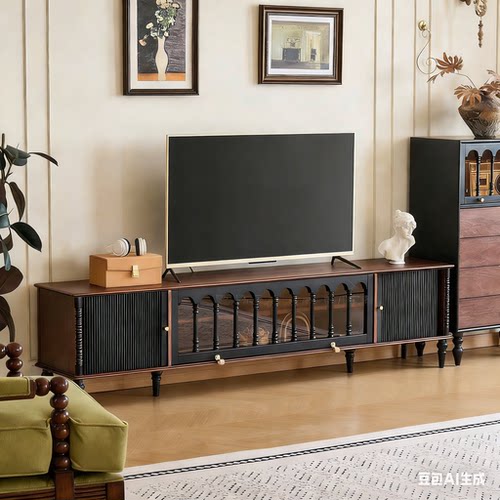 法式复古实木电视柜小户型客厅收纳储物柜一体黑色美式中古风家具