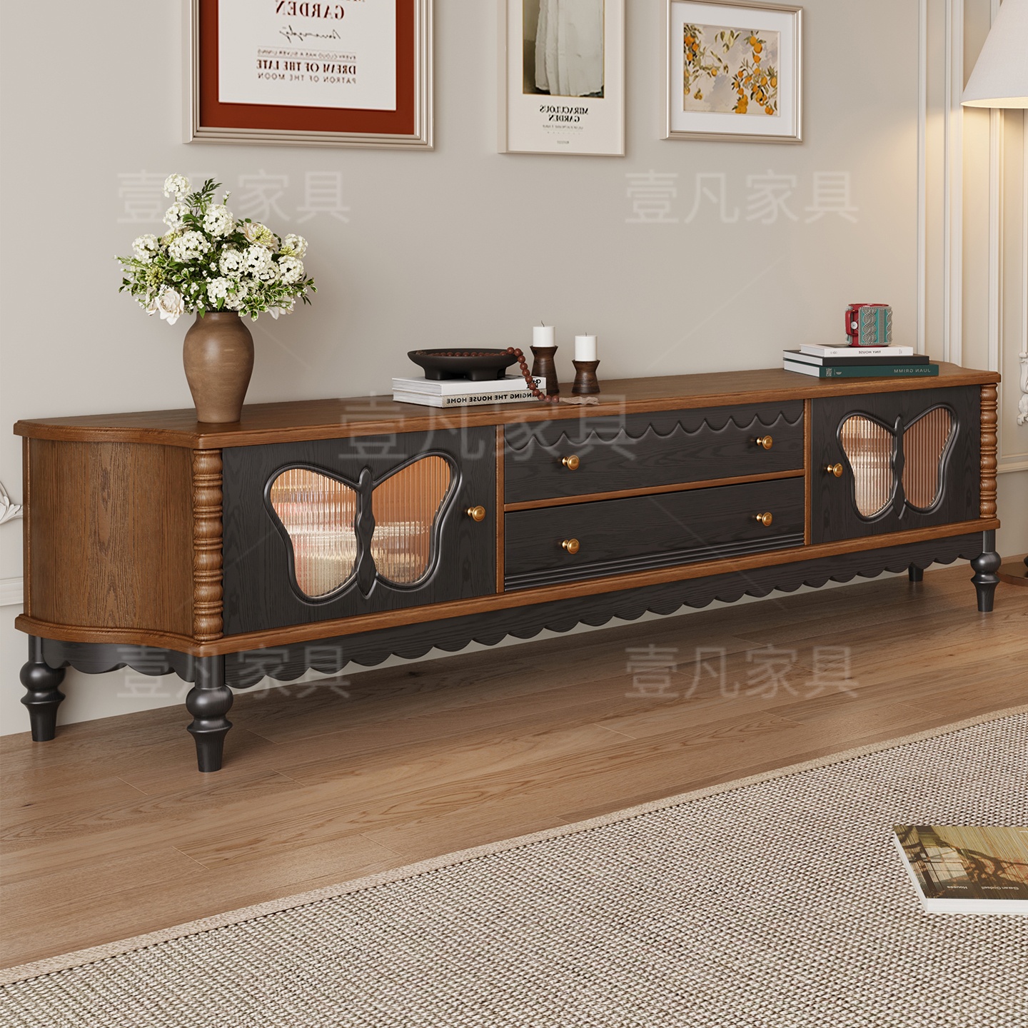 法式复古实木蝴蝶电视柜中古风靠墙储物柜一体客厅茶几电视柜组合