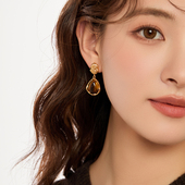 「橄榄枝」复古虎眼石耳环方圆脸高级感蚊香盘耳夹女无耳洞耳饰